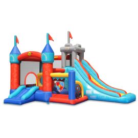 Saltea gonflabila Playcenter 13 in 1 cu doua tobogane, spatiu pentru catarat, loc pentru sarituri, loc de joaca cu bile, cos baschet si obstacole