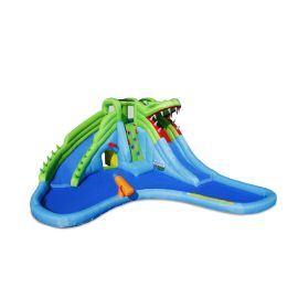 Saltea gonflabila Crocodil cu doua tobogane cu apa, tun de apa, spatiu de catarat si cos de baschet
