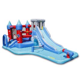 Saltea gonflabila Splash Park cu doua tobogane, spatiu de catarat, tun cu apa, loc pentru sarituri, cos de baschet si darts
