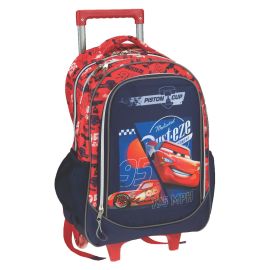 Troller scoala Disney Cars Piston Cup, cu trei compartimente, buzunare laterale pentru sticla apa si bretele ergonomice