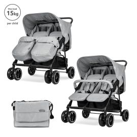 Carucior pentru gemeni, Twin, reglabil individual, pana la 15 kg per copil, geanta pentru mama inclusa, Grey