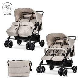 Carucior pentru gemeni, Twin, reglabil individual, pana la 15 kg per copil, geanta pentru mama inclusa,  Beige