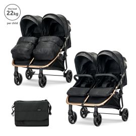 Carucior pentru gemeni, Duo, pana la 22 kg per copil, cadru din aluminiu, spatar reglabil pozitii multiple, geanta pentru mama inclusa, Black