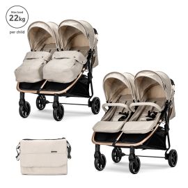 Carucior pentru gemeni, Duo, pana la 22 kg per copil, cadru din aluminiu, spatar reglabil pozitii multiple, geanta pentru mama inclusa, Beige