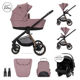 Carucior Set 3 in 1, Bianca, cos landou individual, cosulet auto Aria Luxe inclus, cadru din aluminiu, pana la 22 kg, Pink