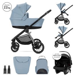 Carucior Set 3 in 1, Bianca, cos landou individual, cosulet auto Aria Luxe inclus, cadru din aluminiu, pana la 22 kg, Blue