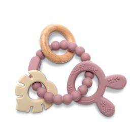 Jucarie de dentitie si zornaitoare, din silicon si lemn de fag, 0 luni+, Rabbit Pink