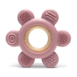 Jucarie de dentitie, din silicon si lemn de fag, 0 luni+, Flower Pink