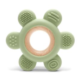 Jucarie de dentitie, din silicon si lemn de fag, 0 luni+, Flower Fresh Green
