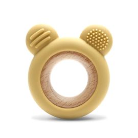Jucarie de dentitie, din silicon si lemn de fag, 0 luni+, Bear Yellow