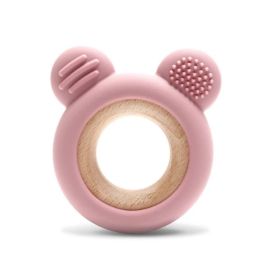 Jucarie de dentitie, din silicon si lemn de fag, 0 luni+, Bear Pink