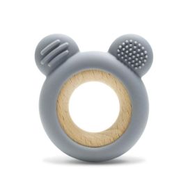 Jucarie de dentitie, din silicon si lemn de fag, 0 luni+, Bear Grey