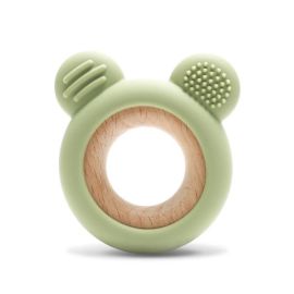 Jucarie de dentitie, din silicon si lemn de fag, 0 luni+, Bear Fresh Green