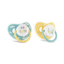 Set 2 suzete cu capac, silicon moale, tetina rotunda, 6 luni+, Yellow Blue