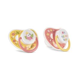 Set 2 suzete cu capac, silicon moale, tetina rotunda, 6 luni+, Yellow Pink