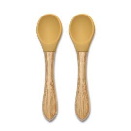 Set 2 lingurite din silicon si bambus, forma ergonomica, 6 luni+, Yellow