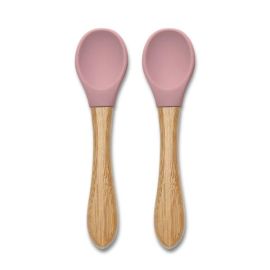 Set 2 lingurite din silicon si bambus, forma ergonomica, 6 luni+, Pink
