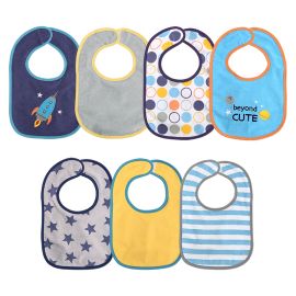 Set 7 bavete bumbac si peva, 30 x 19 cm, inchidere cu banda velcro, baietei