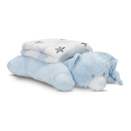 Set 2 piese, paturica moale 90 x 75 cm, pernuta in forma de ursulet 45 x 30 cm, Poffy, 0 luni+, Blue