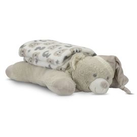 Set 2 piese, paturica moale 90 x 75 cm, pernuta in forma de ursulet 45 x 30 cm, Poffy, 0 luni+, Beige