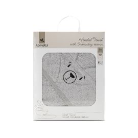 Prosop de baie cu gluga si broderie, 90 x 90 cm, 0 luni+, bumbac, Soft Grey