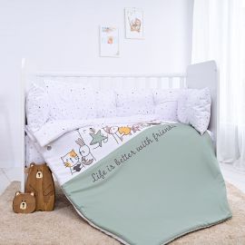 Set lenjerie 7 piese, Lorelli, Lily, bumbac ranforce, pentru paturi 60 x120 cm, Happy Friends Mint