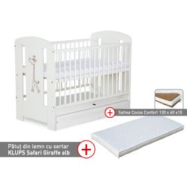 Patut cu sertar KLUPS Safari Giraffe Alb + Saltea 10 Mykids Confort II