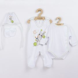 Set 4 piese, New Baby, Include body cu maneca lunga, salopeta fara maneci, caciulita, manusi, Marime 56, Din bumbac 100%, Snail