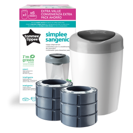 Pachet Cos pentru scutece + 6 Rezerve Tommee Tippee Sangenic Simplee Reciclabil, Alb / Gri