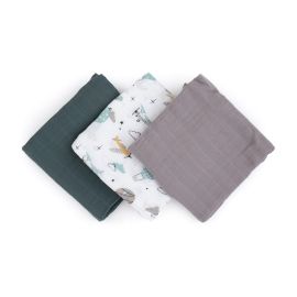 Set 3 scutece, Petite&Mars, Moussy Grey Planes, Din muselina de bambus, Hipoalergenice, 68 x 68 cm, Certificate Oeko Tex Standard 100, Multicolor