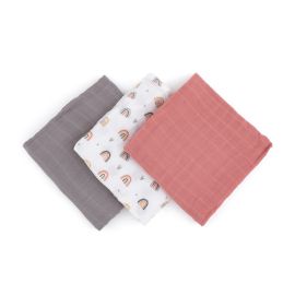 Set 3 scutece, Petite&Mars, Moussy Rose Rainbow, Din muselina de bambus, Hipoalergenice, 68 x 68 cm, Certificate Oeko Tex Standard 100, Multicolor