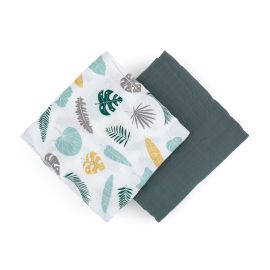 Set 2 scutece, Petite&Mars, Misty Green Leaves, Din muselina de bambus, Hipoalergenice, Dimensiuni mari 120 x 120 cm, Certificate Oeko Tex Standard 100, Multicolor