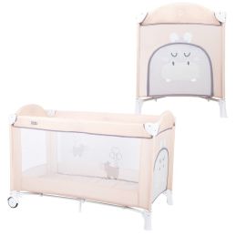 Patut pliant bebe, 120x60 cm, Cu un nivel, Cu intrare laterala cu fermoar, 2 roti, Conform cu standardul european de securitate EN 716-1:2017+AC:2019, Hippo Beige, FreeON, Ballon