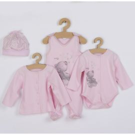Set 4 piese, New Baby, Include salopeta fara maneci, jacheta, body cu maneca lunga, caciulita, Marime 56, Din bumbac 100%, Angel Pink