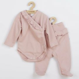 Set 2 piese, New Baby, Include body cu maneca lunga si pantalonasi cu botosei, Cu volanase, Marime 56, Din bumbac 100%, Stripes Pink