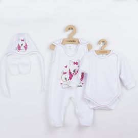 Set 4 piese, New Baby, Include body cu maneca lunga, salopeta fara maneci, caciulita, manusi, Marime 56, Din bumbac 100%, Foxy