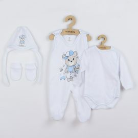 Set 4 piese, New Baby, Include body cu maneca lunga, salopeta fara maneci, caciulita, manusi, Marime 56, Din bumbac 100%, Teddy Bear