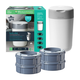 Pachet Cos pentru scutece + 4 Rezerve Tommee Tippee Sangenic Twist and Click Reciclabil, Alb / Gri