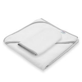 Set prosop cu gluga si manusa baie, New Baby, Dimensiune 80 x 80 cm, Basic, White-gray