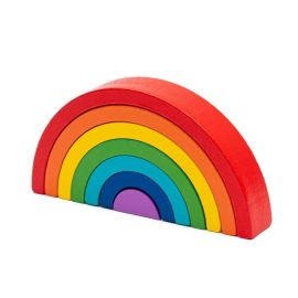 Jucarie pentru stivuire Montessori, Baby Mix, Curcubeu, Stimuleaza abilitatile motorii fine si coordonarea ochi-mana, Din lemn, 7 piese, 36 luni+