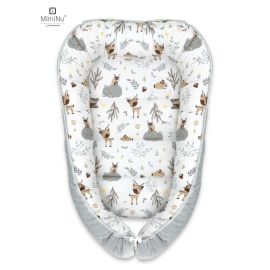Cosulet bebelus, MimiNu, Pentru dormit, Cu doua fete, Baby Cocoon 75x55 cm, Husa 100% bumbac si catifea moale, Materiale certificate Oeko Tex Standard 100, Velvet Forest friends Grey/Beige