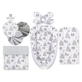 Set 4 in 1 Cosulet bebelus, MimiNu, Baby Cocoon 75x55 cm, Husa bumbac, Din bumbac certificat Oeko Tex Standard 100, Cu paturica 50x70 cm, Cu salteluta, Cu perna fluture, Forest