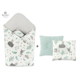 Set paturica de infasat, MimiNu, Cu doua fete, Dimensiune 75x75 cm + Perna bebelusi profilata, Cu doua fete, Cu functie anti-soc, 23x26 cm, Materiale certificate Oeko Tex Standard 100, Forest Friends Mint