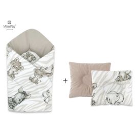 Set paturica de infasat, MimiNu, Cu doua fete, Dimensiune 75x75 cm + Perna bebelusi profilata, Cu doua fete, Cu functie anti-soc, 23x26 cm, Materiale certificate Oeko Tex Standard 100, Safari Beige
