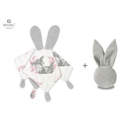 MimiNu - Set jucarie de plus cu urechi si labute + Jucarie zornaitoare Mini Bunny, Materiale certificat Oeko Tex Standard 100, Lulu Rose/Grey