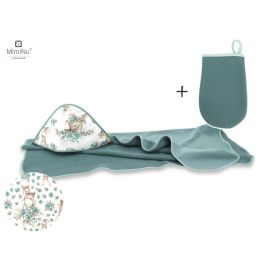 Set prosop mare cu gluga, MimiNu, Dimensiune 100x100 cm + Manusa de baie bebelusi, 12x21 cm, Materiale certificate Oeko Tex Standard 100, Sweet Deer Mint