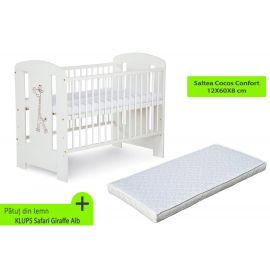 Patut KLUPS Safari Giraffe Alb + Saltea 8 Cocos Confort II