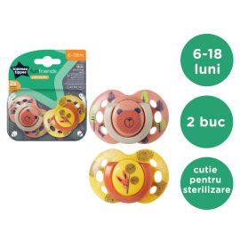 Tommee Tippee Suzeta Fun portocaliu/galben, design ortodontic simetric, fara BPA, include cutie de sterilizare, 6-18 luni, 2 buc.