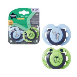 Tommee Tippee Suzeta Fun albastru/verde, design ortodontic simetric, fara BPA, include cutie de sterilizare, 0-6 luni, 2 buc.