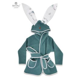 Halat de baie, MimiNu, Cu urechi, 6 - 24 luni, Moale, Cu buzunare, Cu cordon, Din bumbac si thermo fleece, Materiale certificate Oeko Tex Standard 100, Deer green